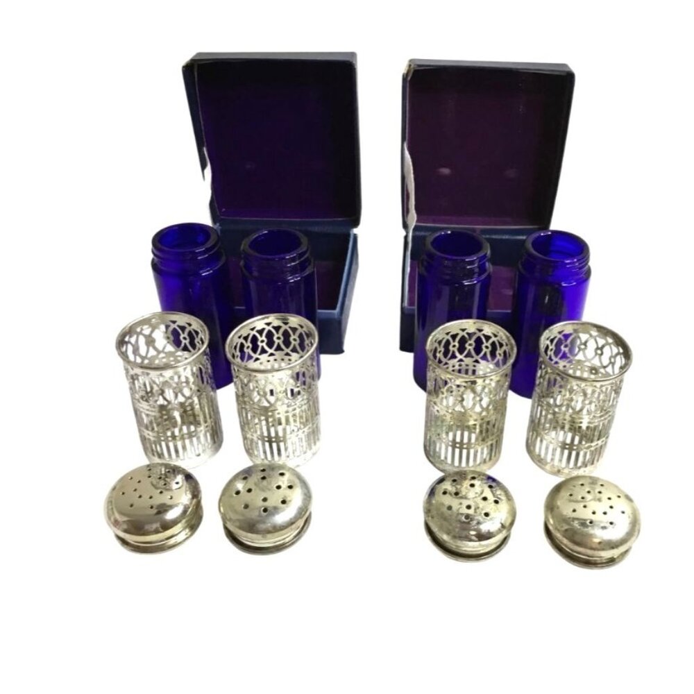 VTG Salt Pepper Shaker Lot Cobalt Blue Silverplate Hong Kong House Global Leonar